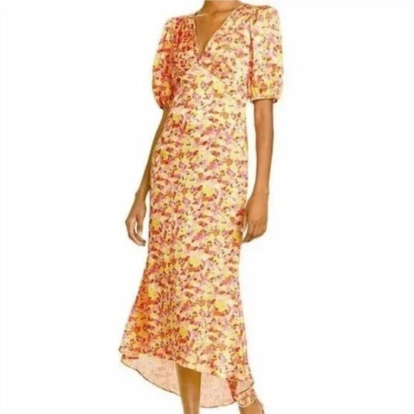 Lini Amalia‎ Midi Dress High Low Hem Yellow Multi Women's Size Large - Picture 1 of 6